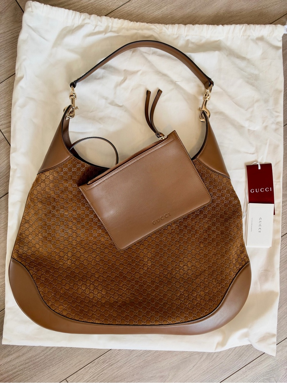 Gucci B Large GG Canvas, Suede & Leather Shoulder Bag with Pouch